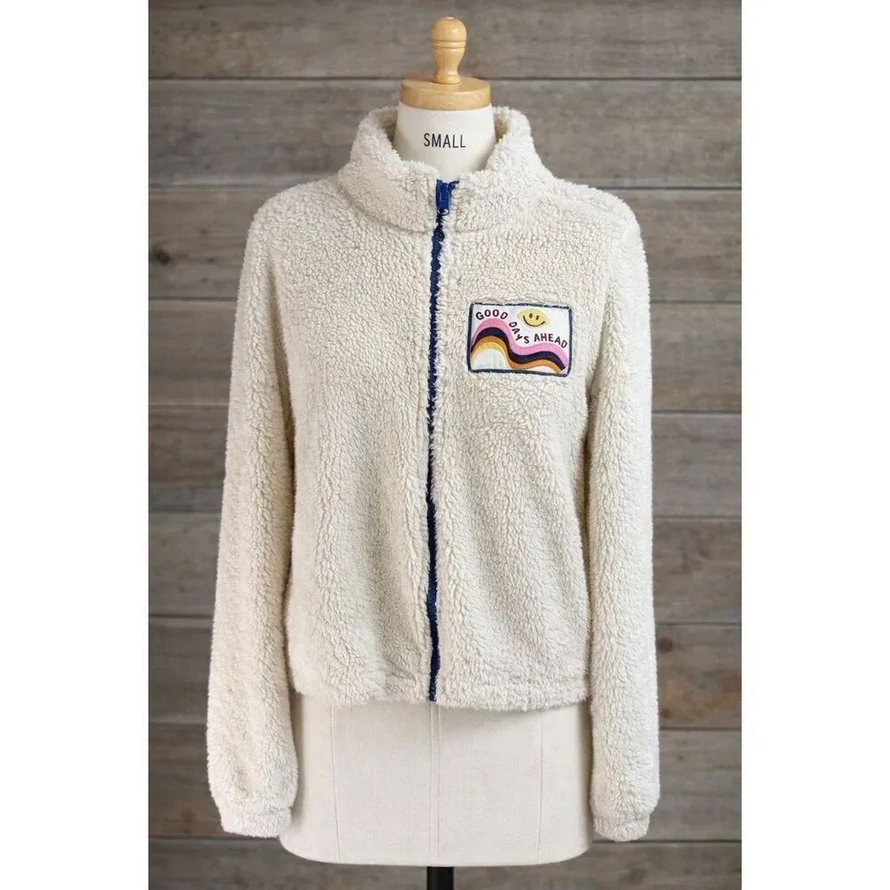 Grayson Threads Sherpa Fleece Jacket Small Zip Up Cozy Good Days Ahead White